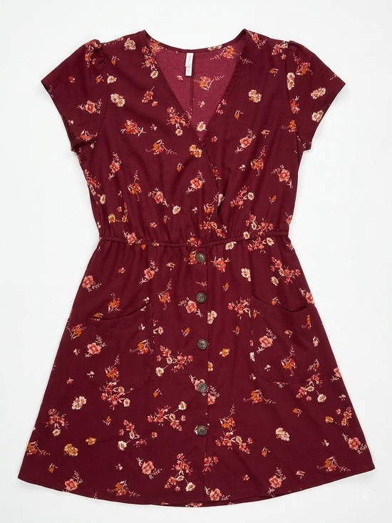 Xhilaration Dresses & Skirts - Xhilaration Burgundy Floral Button-Front Mini Dress with Pockets